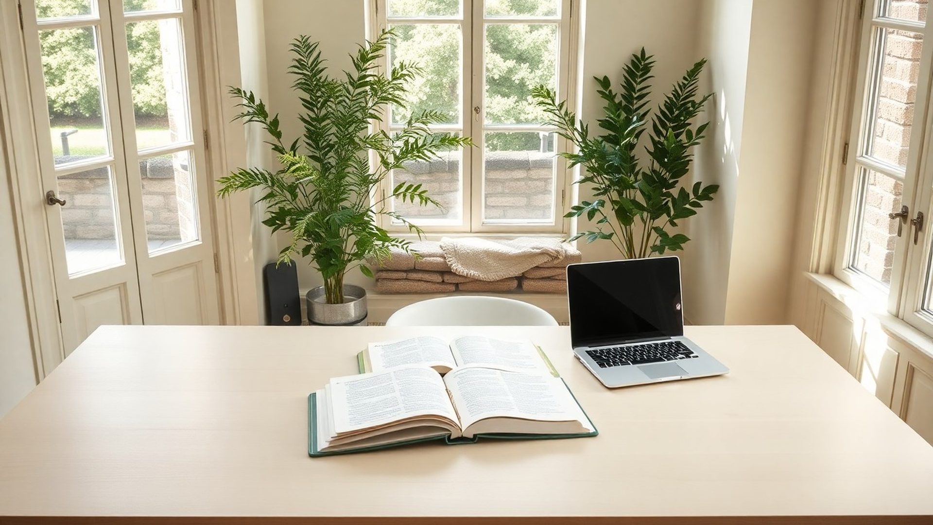 Calm content team workspace with notebooks and a laptop on a pale birch desk