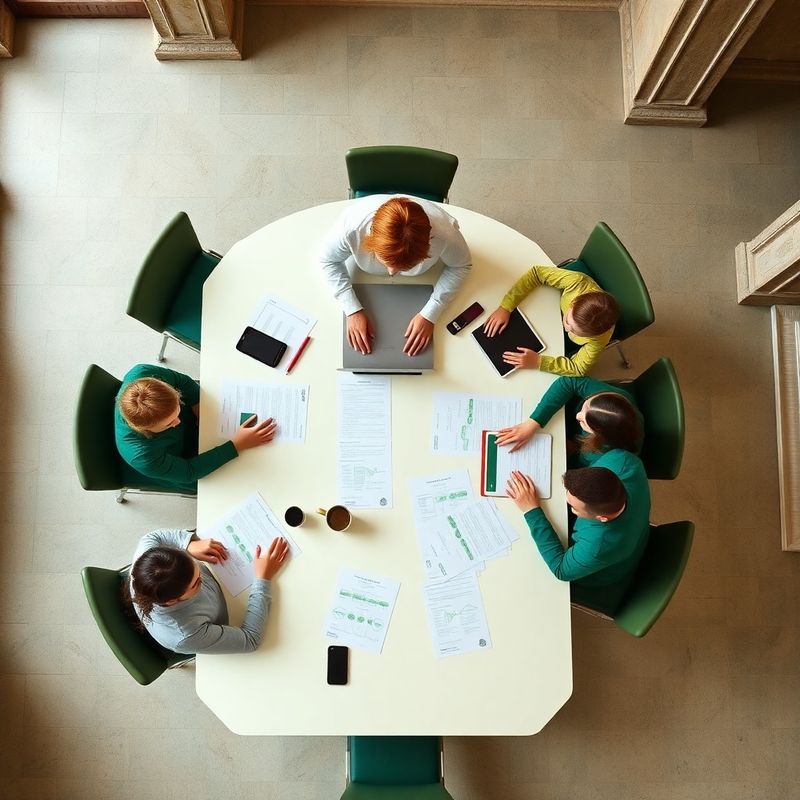 Small editorial team collaborating around a cream table with printed workflow diagrams