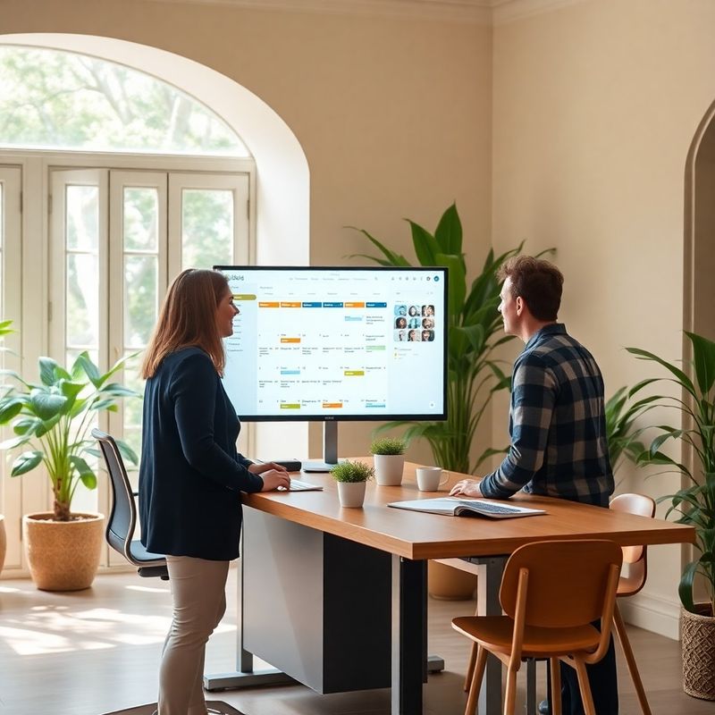 Two content strategists in discussion at a standing desk with a content calendar on the monitor